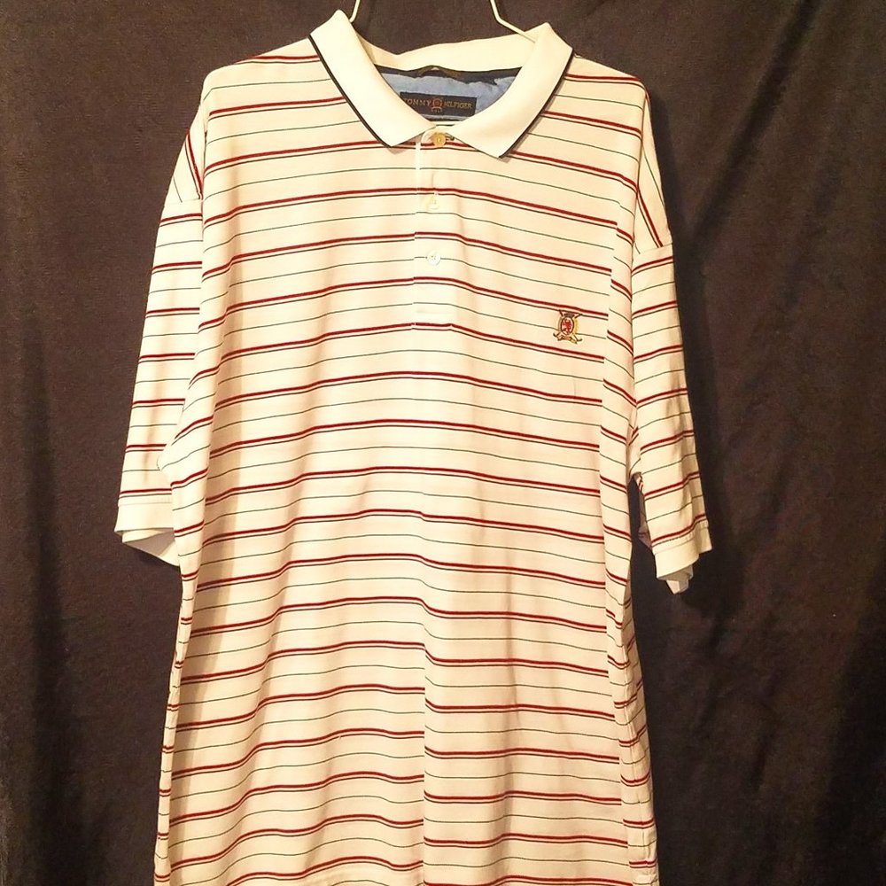 Men's Big and Tall White Striped Tommy Hilfiger Polo Shirt. Size 2XL.